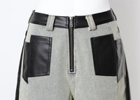 Niche Contrast Color Jeans Women Winter Thick Loose Retro Washed Stitching Contrast Color Leather Wide Leg Pants - Modestly Vogue 