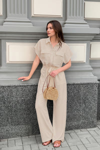 Light Khaki Textured Lace Up Waist Jumpsuit Short Sleeve Jumpsuit - Modestly Vogue 