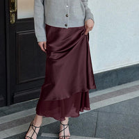 Women Clothing Satin Skirt Women Spring Summer Patchwork Mesh Double Layer Design Sheath - Modestly Vogue 