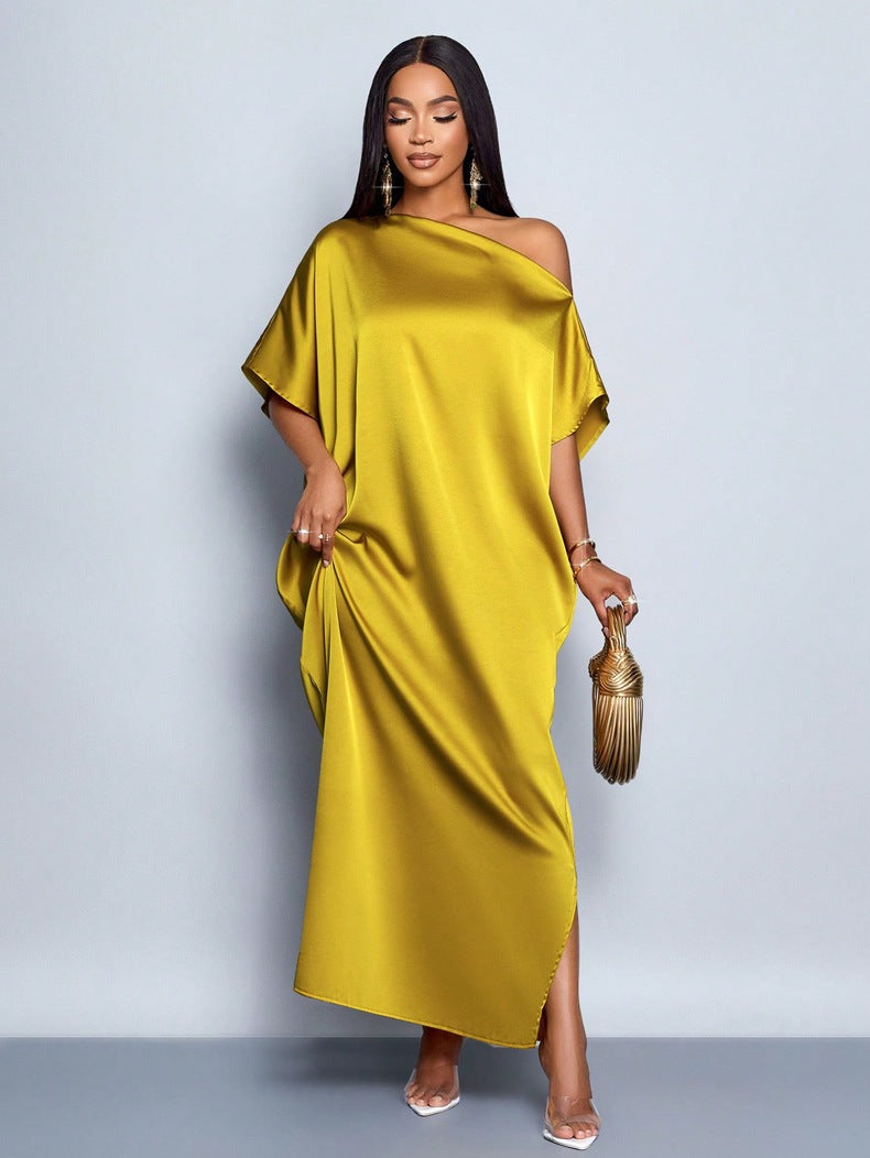 Women’s Yellow Satin Maxi Dress – Elegant Summer Style - Modestly Vogue 