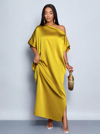 Women’s Yellow Satin Maxi Dress – Elegant Summer Style - Modestly Vogue 