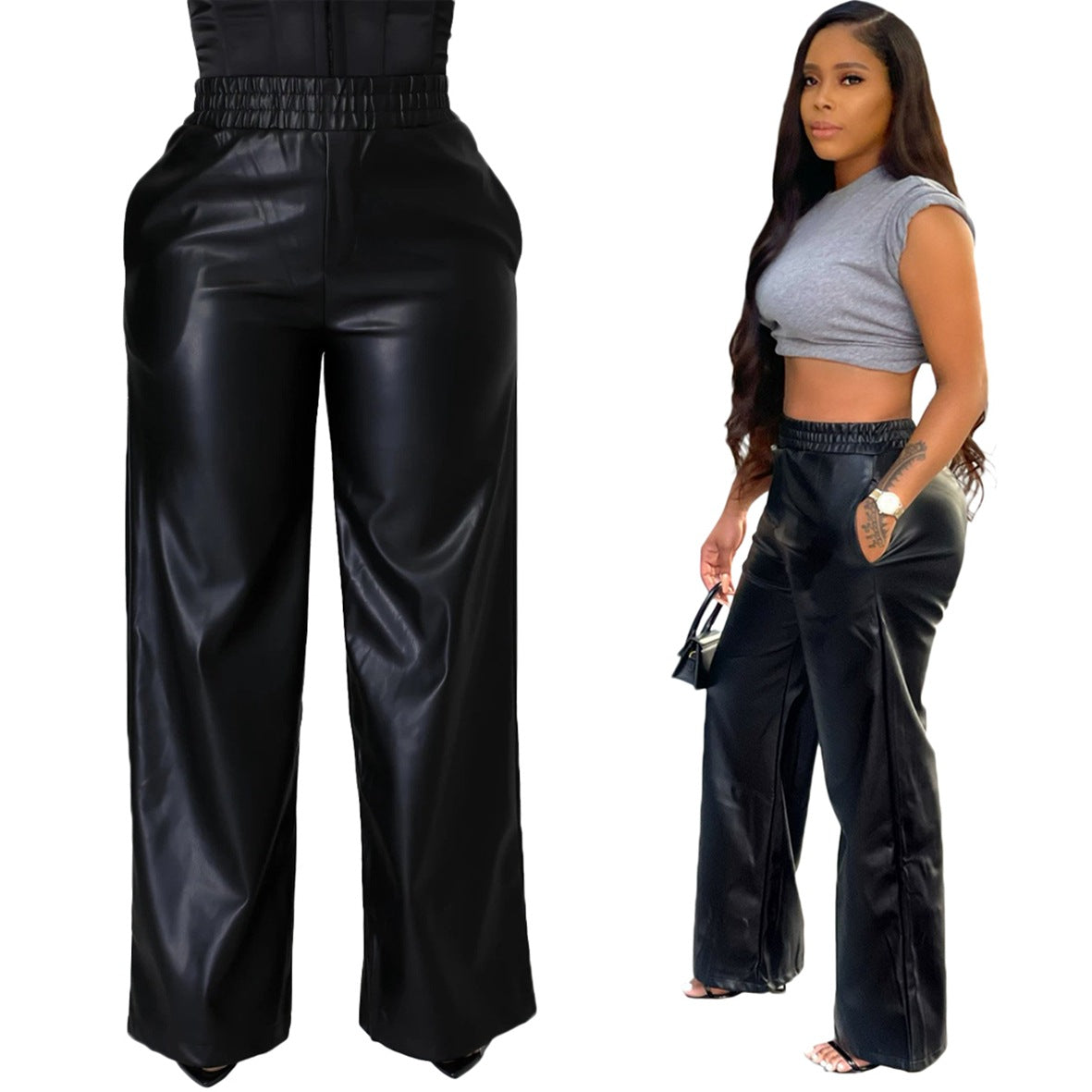 Women Clothing Solid Color Loose Wide Leg Pocket Faux Leather Pants - Modestly Vogue 