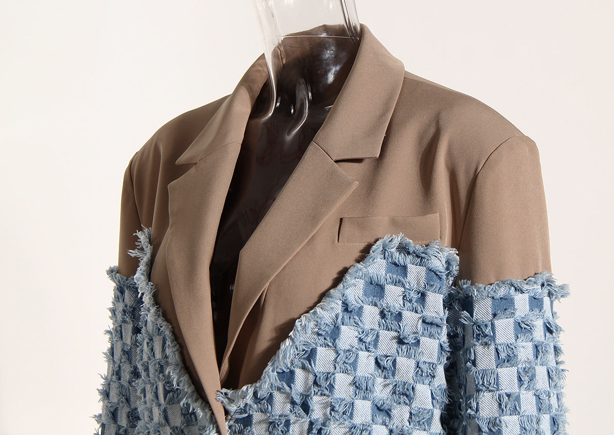 Blue Women Autumn Winter Color Contrast Patchwork Plaid Washed Worn Frayed Hem Denim Jacket