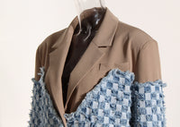 Blue Women Autumn Winter Color Contrast Patchwork Plaid Washed Worn Frayed Hem Denim Jacket