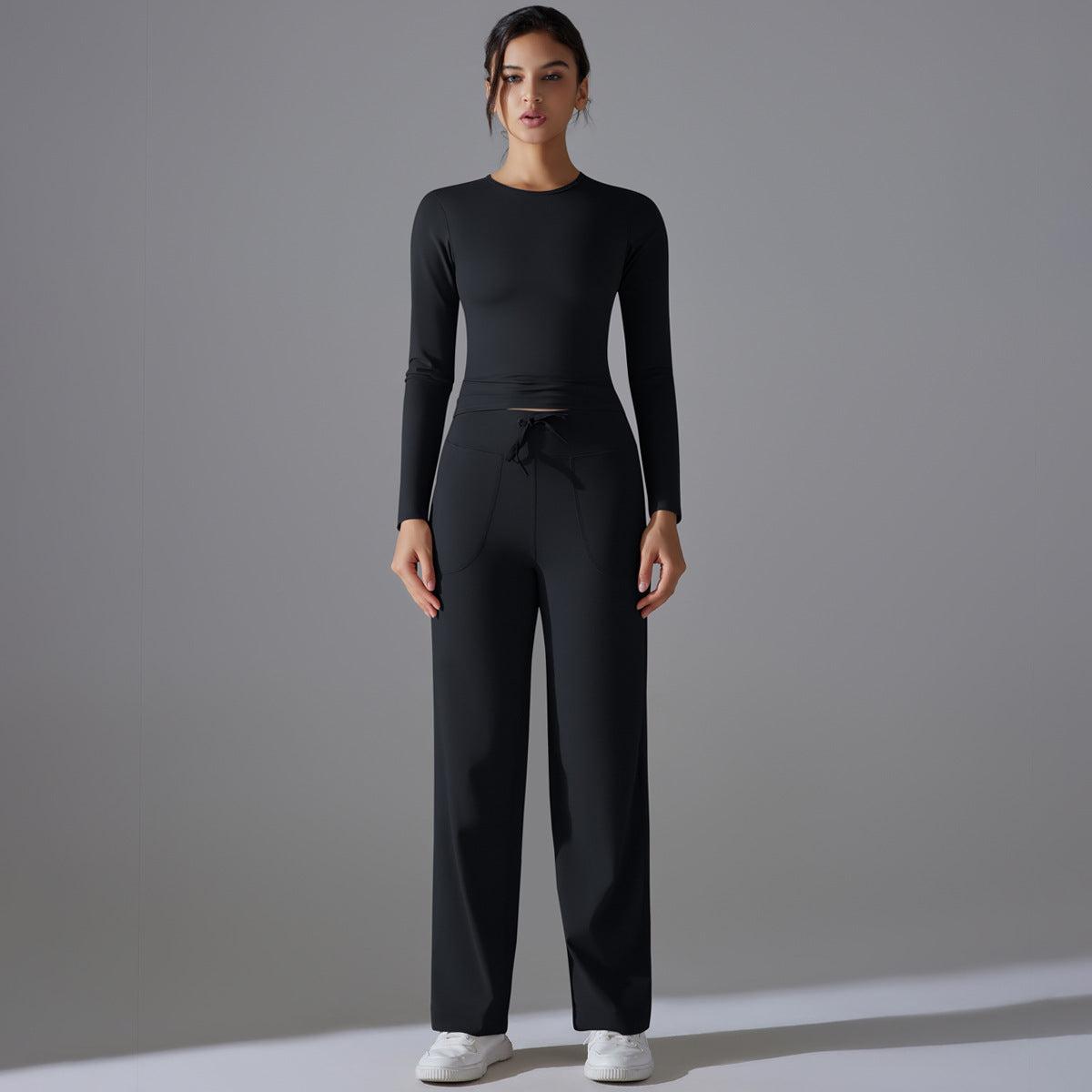 Nude Feel Skin Long Sleeve Yoga Workout Clothes Pocket Running Sports Drawstring Wide Leg Pants Sets - Modestly Vogue 