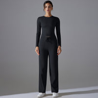 Nude Feel Skin Long Sleeve Yoga Workout Clothes Pocket Running Sports Drawstring Wide Leg Pants Sets - Modestly Vogue 