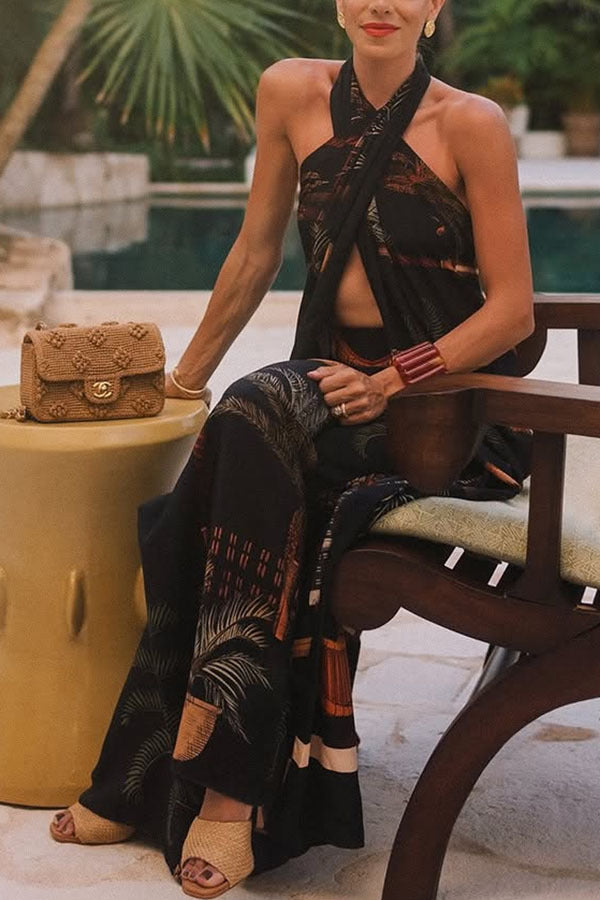 Summer Vintage Print Straight Wide Leg Pants Cross Halterneck Top Two Piece Sets - Modestly Vogue 