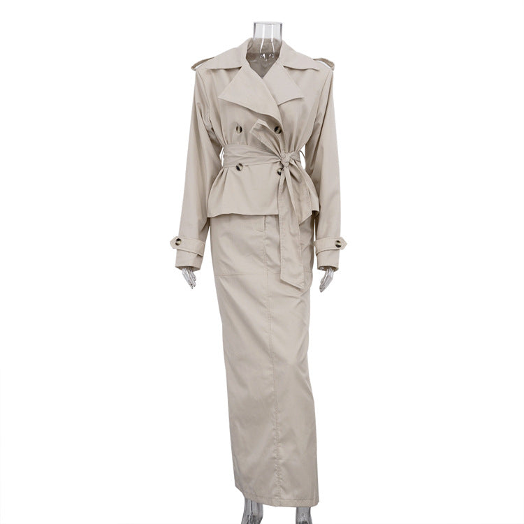 Polo Collar Long Sleeve Trench Coat & Skirt Set