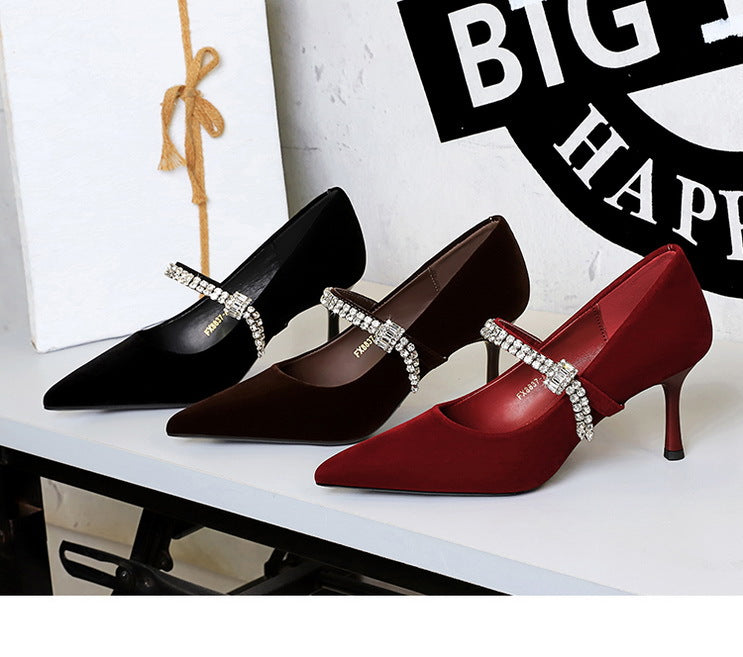 Rhinestone Strap Pointed Toe Suede Stiletto High Heels for Women