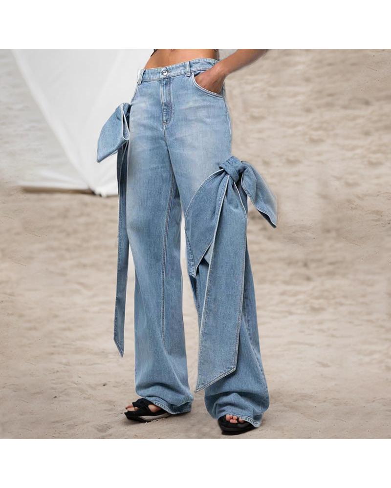 Spring Retro Washed Distressed Stitching Bow Design High Waist Slimming Straight Jeans Women - Modestly Vogue 