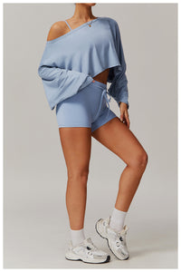 Off Shoulder Cropped Batwing Sleeve Long Sleeve Yoga Top - Modestly Vogue 