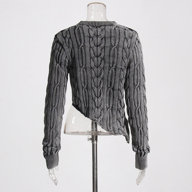 Pastel Idle Niche Irregular Asymmetric Hem Distressed Figure Flattering Short Sweater for Women