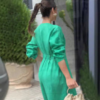 Summer Solid Color V neck Long Sleeve Sexy Waist Women Jumpsuit - Modestly Vogue 