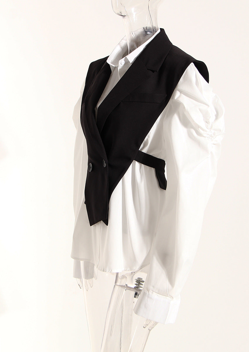 Black Elegant Outfit Slimming Puff Sleeve White Shirt Waist Trimming Lace up Two Piece Vest Set