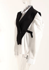 Black Elegant Outfit Slimming Puff Sleeve White Shirt Waist Trimming Lace up Two Piece Vest Set