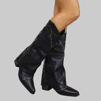 Retro Rivet High Top Western Cowboy Boot Women Long Mid Heel Pointed Toe Slip on Knight Boots Long Bootsh