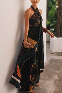 Summer Vintage Print Straight Wide Leg Pants Cross Halterneck Top Two Piece Sets - Modestly Vogue 