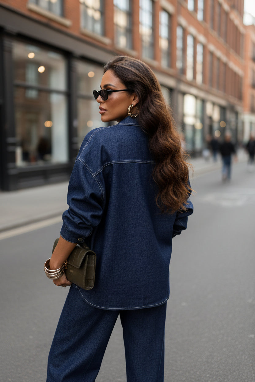Women Clothing Personality Street Casual Slim Fit Shacket Denim Two Piece Sets - Modestly Vogue 
