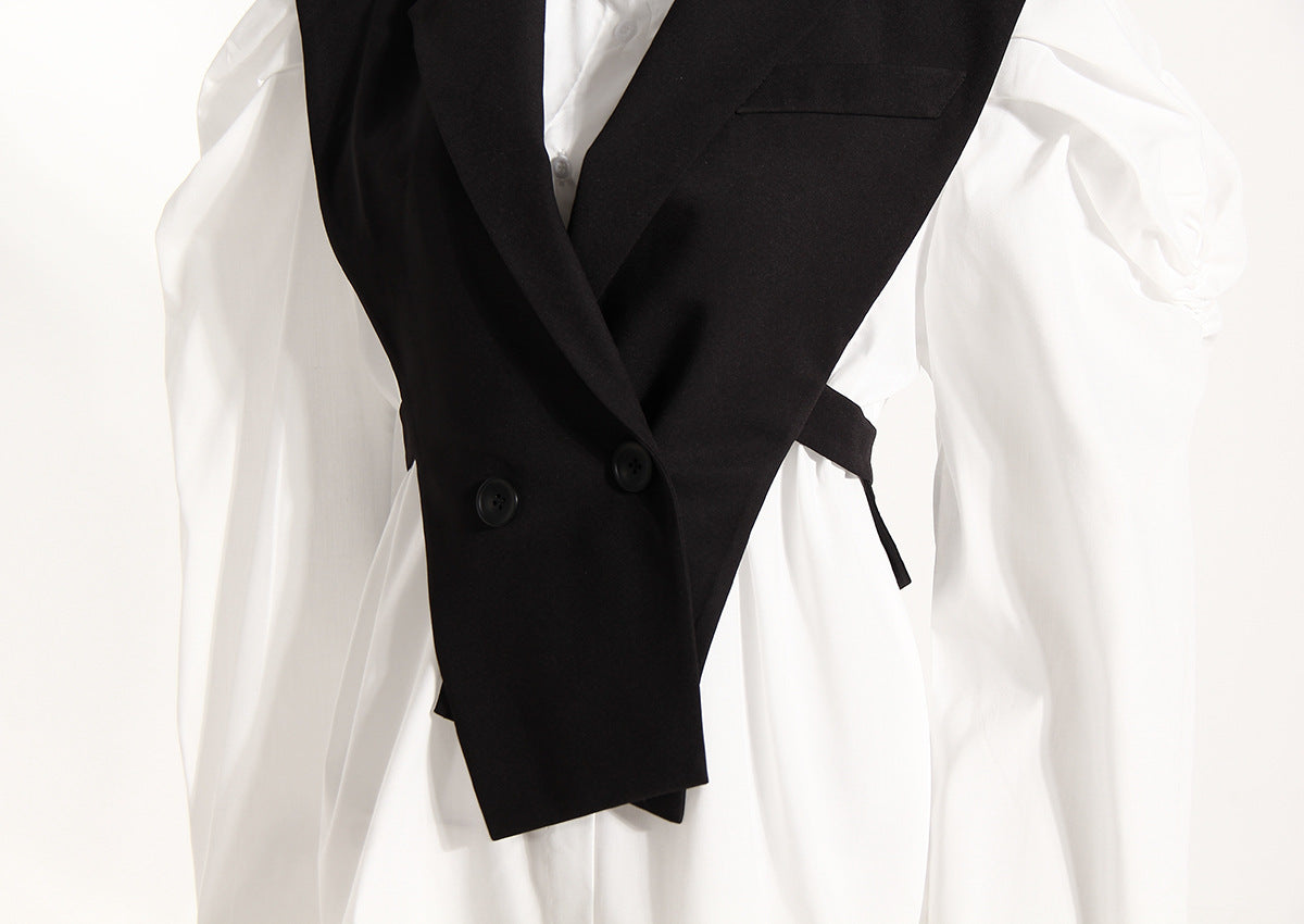 Black Elegant Outfit Slimming Puff Sleeve White Shirt Waist Trimming Lace up Two Piece Vest Set