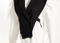 Black Elegant Outfit Slimming Puff Sleeve White Shirt Waist Trimming Lace up Two Piece Vest Set