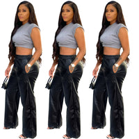 Women Clothing Solid Color Loose Wide Leg Pocket Faux Leather Pants - Modestly Vogue 
