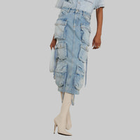 Distressed Retro Washed Denim Skirt – High Waist Multi-Pocket - Modestly Vogue 