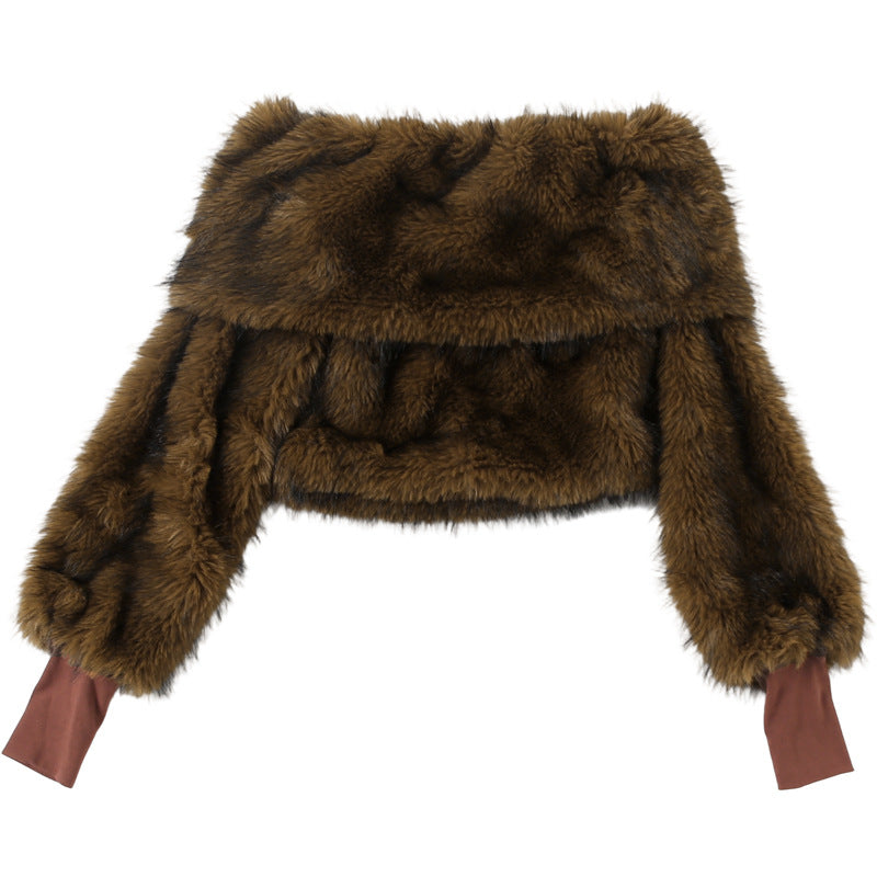 Brown Fur Cropped Of The Shoulder Loose Comfortable Plush Top - Modestly Vogue 