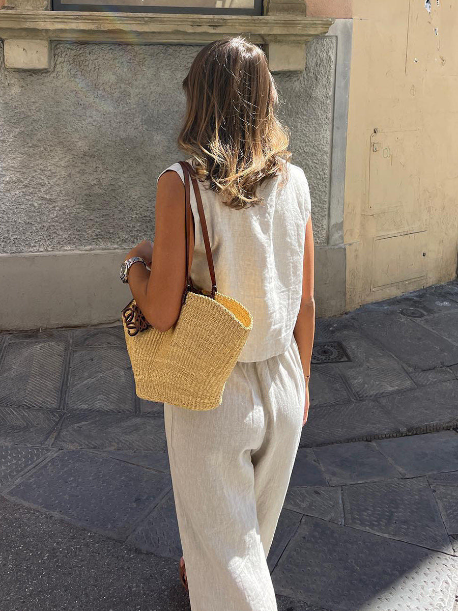 Linen Vest Pants Summer Sleeveless Vest Wide Leg Pants Casual Two Piece Sets - Modestly Vogue 