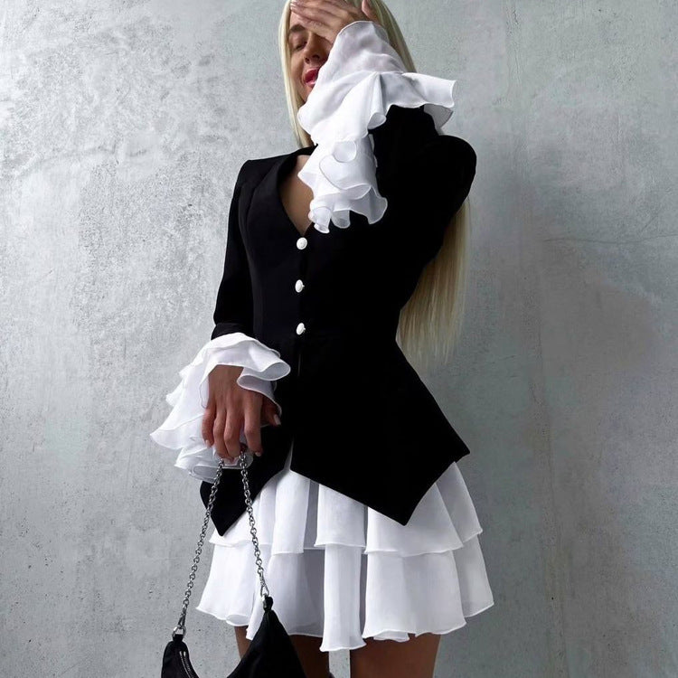 Black & White Color Contrast A-Line Dress – V Neck Flared Sleeves