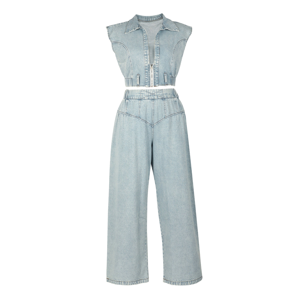 Blue Denim Jeans Sleeveless Two Piece Set - Modestly Vogue 