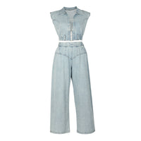 Blue Denim Jeans Sleeveless Two Piece Set - Modestly Vogue 