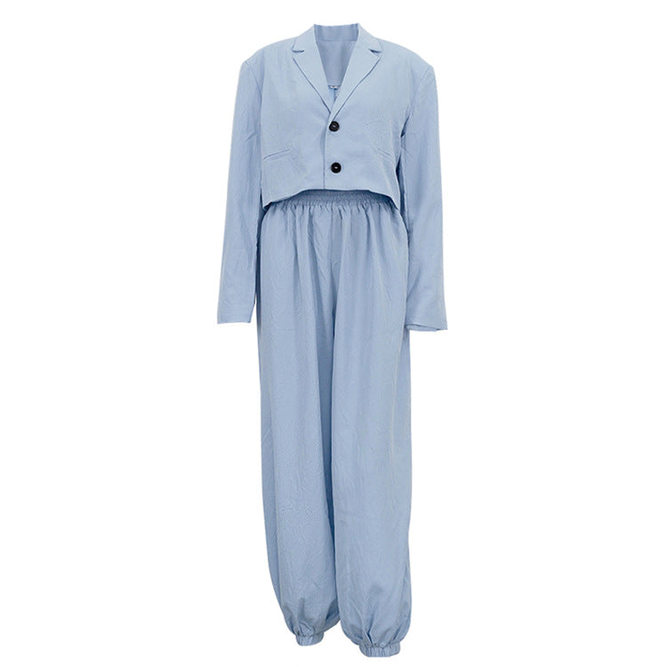 Women Collared Long Sleeve Top Loose Tappered Trousers Two Piece Set - Modestly Vogue 
