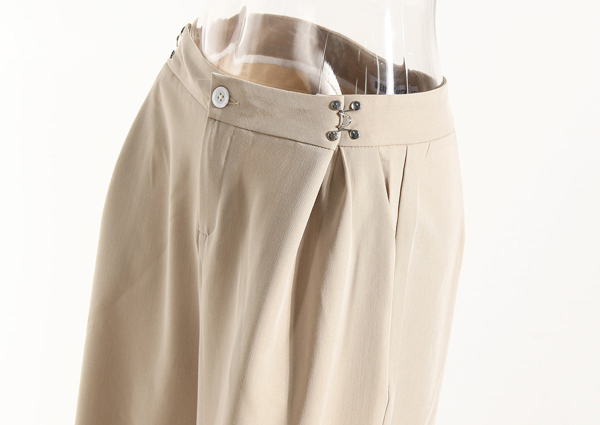 Neutral Classic All Matching Casual Pants Women Spring Summer High Waist on Both Sides Metal Buckle Slim Fit Flab Ankle Length Pants - Modestly Vogue 