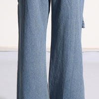 Blue Trendy Big Leaves Gold Accessories Stitching High Waist Wide Leg Jeans Women - Modestly Vogue 