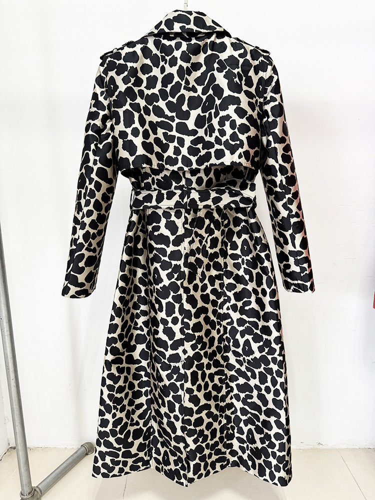 Belt Leopard Jacquard Long Trench Coat | Statement Outerwear - Modestly Vogue 