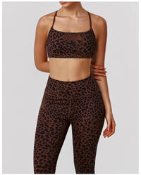 Leopard Print Tight Yoga Women High Waist Hip Raise Pants Thin Strap Beauty Back Exercise Bra Fitness Two Piece Sets - Modestly Vogue 