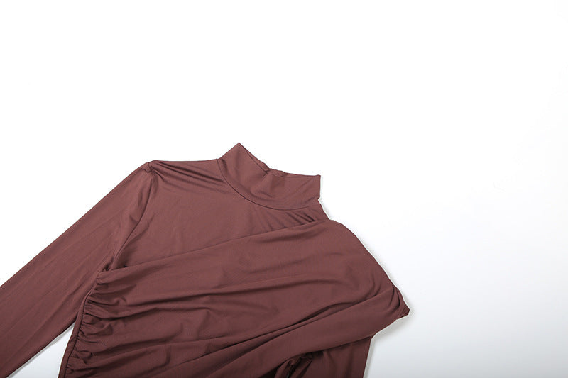 Brown Elegant High Neck Long Sleeves Flowing Scarf Maxi Dress - Modestly Vogue 