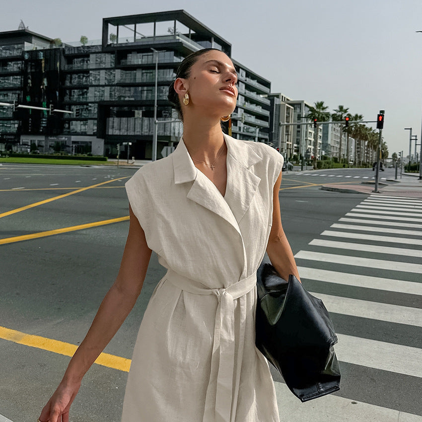 Spring Summer Cotton Linen Belted Office Dress for Women - Modestly Vogue 