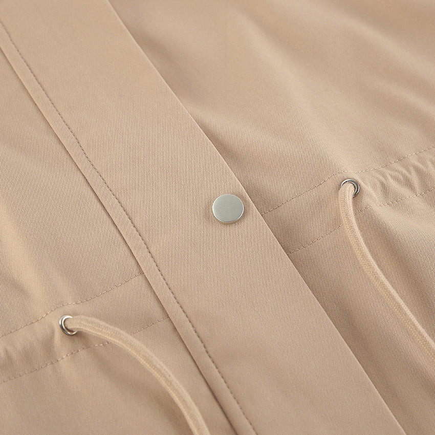 Women Mid Length Drawstring Trench Coat Casual Loose Fit - Modestly Vogue 