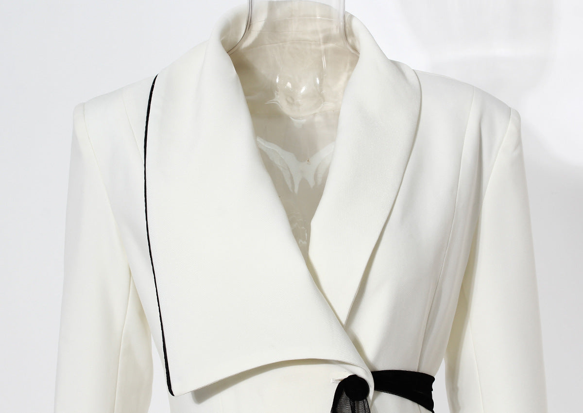 White and Black Asymmetric Pleated Elegant Ruffled Contrast Color Long Blazer Dress - Modestly Vogue 