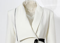 White and Black Asymmetric Pleated Elegant Ruffled Contrast Color Long Blazer Dress - Modestly Vogue 