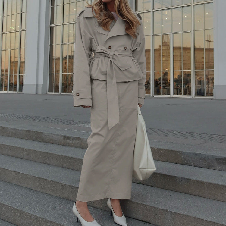 Polo Collar Long Sleeve Trench Coat & Skirt Set
