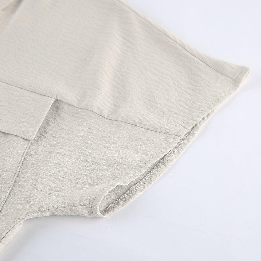 Light Khaki Textured Lace Up Waist Jumpsuit Short Sleeve Jumpsuit - Modestly Vogue 