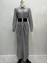 Spring Autumn French Elegant Collared Breasted Shirt Dress with Belt Dress - Modestly Vogue 