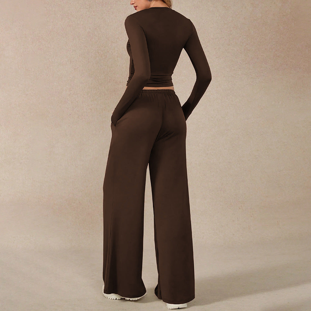 Women Two Piece Set Brown Long Sleeve Short Cropped Top Wide Leg Casual Pants Comfortable - Modestly Vogue 