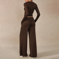 Women Two Piece Set Brown Long Sleeve Short Cropped Top Wide Leg Casual Pants Comfortable - Modestly Vogue 