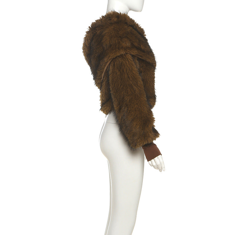 Brown Fur Cropped Of The Shoulder Loose Comfortable Plush Top - Modestly Vogue 
