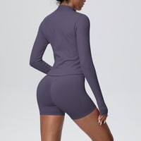 Stand Collar Knitted Long Sleeve Zipper Yoga Jacket Tight Quick Drying Yoga Shorts Fitness Yoga Wear Set for Women - Modestly Vogue 
