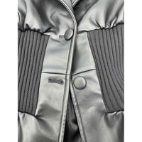 Black  Design Model Faux Leather Jacket Patchwork Knitted Super Tight Waist Contour - Modestly Vogue 