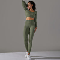 Seamless Knitted Long Sleeve Exercise Workout Pants Quick Drying Jacquard Breathable Hip Lifting Running Yoga Clothes Suit